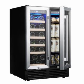 Wine Cooler Refrigerator - Dual Zone Built-in or Freestanding Fridge with Stainless Steel Tempered Glass Door and Temperature Memory Function