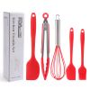 Silicone Cook Utensils;  5 Piece Kitchen Cooking Set;  Includes Large Spatula;  Small Spatula;  Grease Brush;  Food Clamp;  Whisk